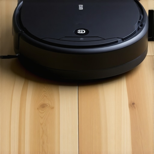 Close-up view of a robot vacuum with sensors navigating a living room