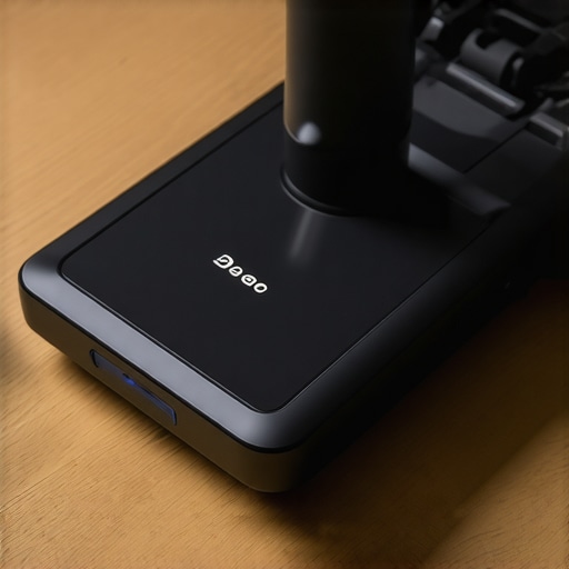 Advanced Smart Vacuum Features Close-up of a sleek smart cordless vacuum showing app control and feature buttons