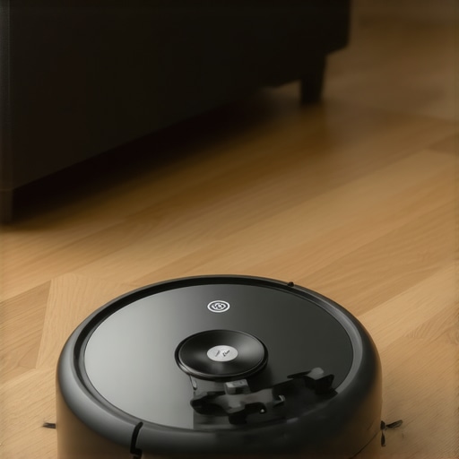 Smart Home with Robot Vacuum A robot vacuum cleaning floor in a high-tech smart home environment